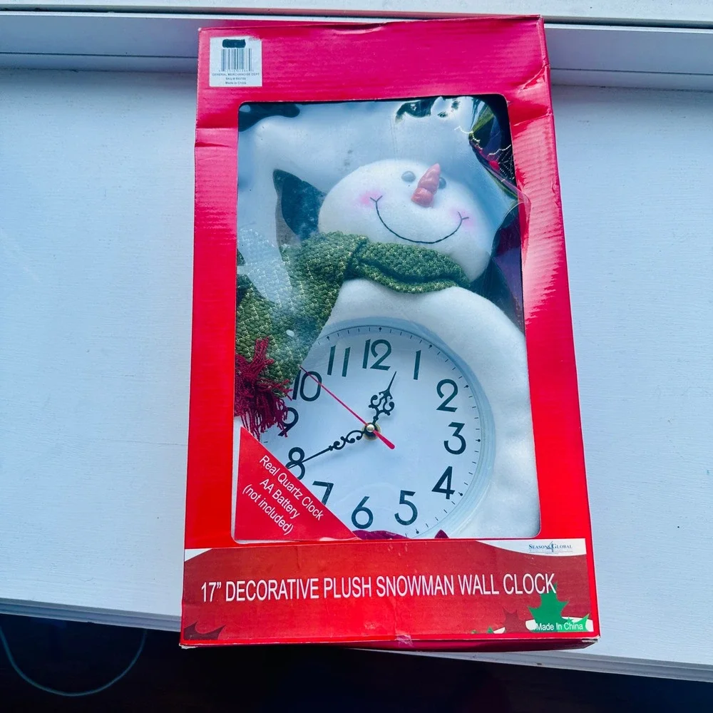 Seasons Global 17 Inch Decorative Plush Snowman Wall Clock Holiday Decor Quartz